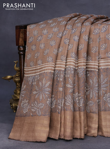 Banarasi tussar silk saree pastel brown with butta prints and zari woven border