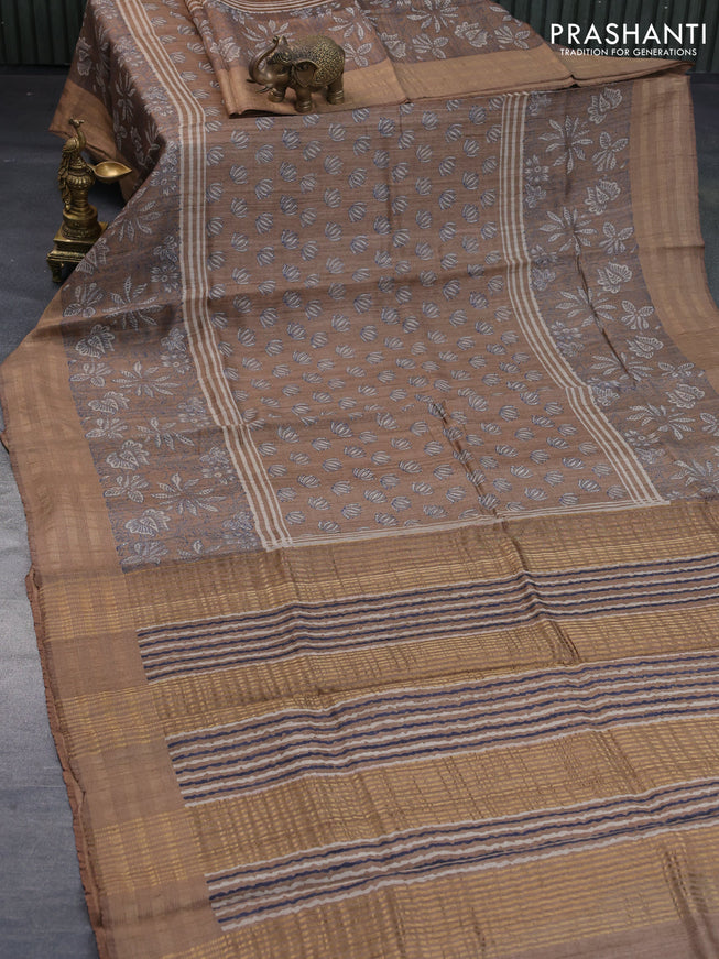 Banarasi tussar silk saree pastel brown with butta prints and zari woven border