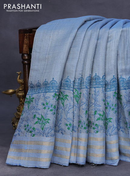 Banarasi tussar silk saree blue shade with plain body and printed pallu