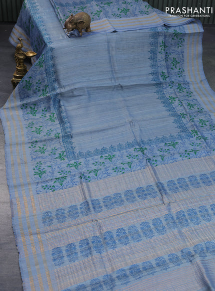 Banarasi tussar silk saree blue shade with plain body and printed pallu