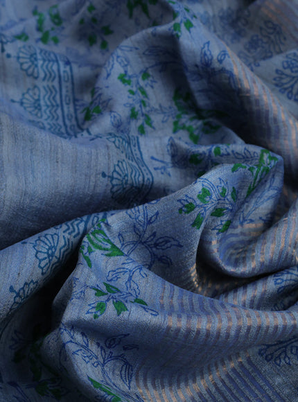 Banarasi tussar silk saree blue shade with plain body and printed pallu