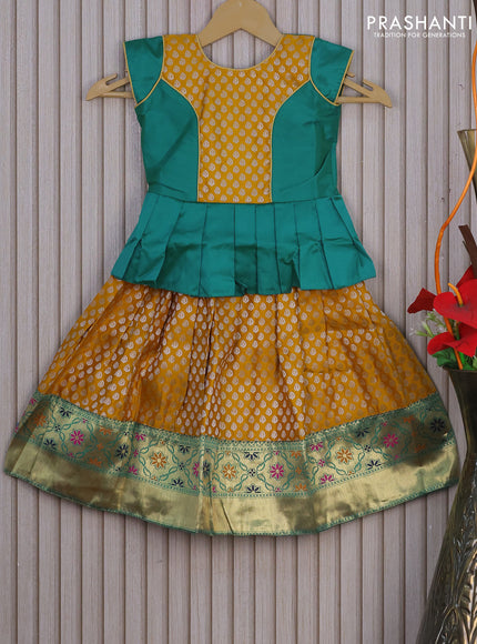 Banarasi kids lehenga green and mustard yellow with patch work neck pattern and zari buttas & zari woven border