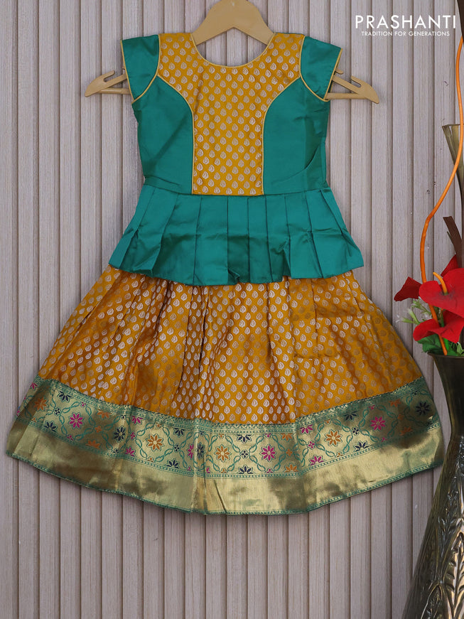 Banarasi kids lehenga green and mustard yellow with patch work neck pattern and zari buttas & zari woven border