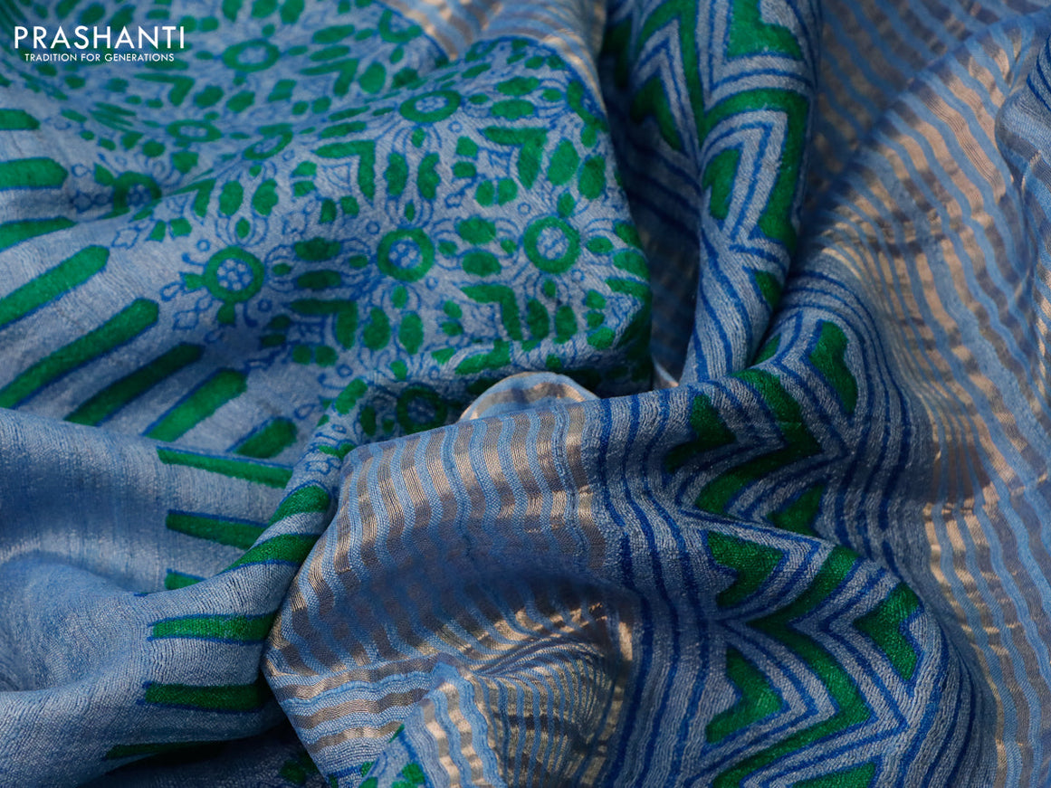 Banarasi tussar silk saree blue shade with plain body and printed pallu