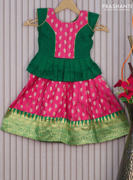 Banarasi kids lehenga green and candy pink with patch work neck pattern and zari buttas & zari woven border