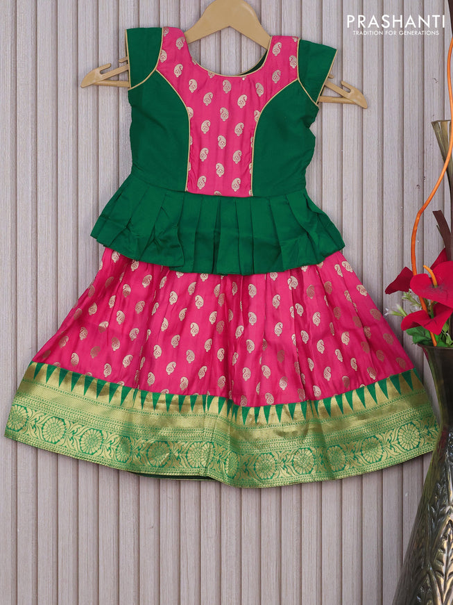 Banarasi kids lehenga green and candy pink with patch work neck pattern and zari buttas & zari woven border