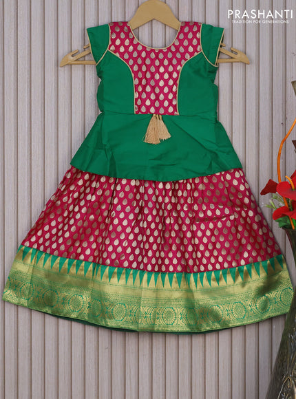 Banarasi kids lehenga green and magenta pink with patch work neck pattern and zari buttas & zari woven border