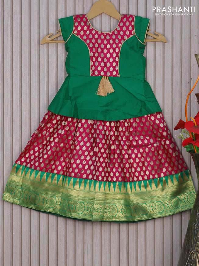 Banarasi kids lehenga green and magenta pink with patch work neck pattern and zari buttas & zari woven border