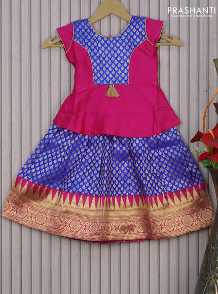 Banarasi kids lehenga pink and royal blue with patch work neck pattern and zari buttas & zari woven border