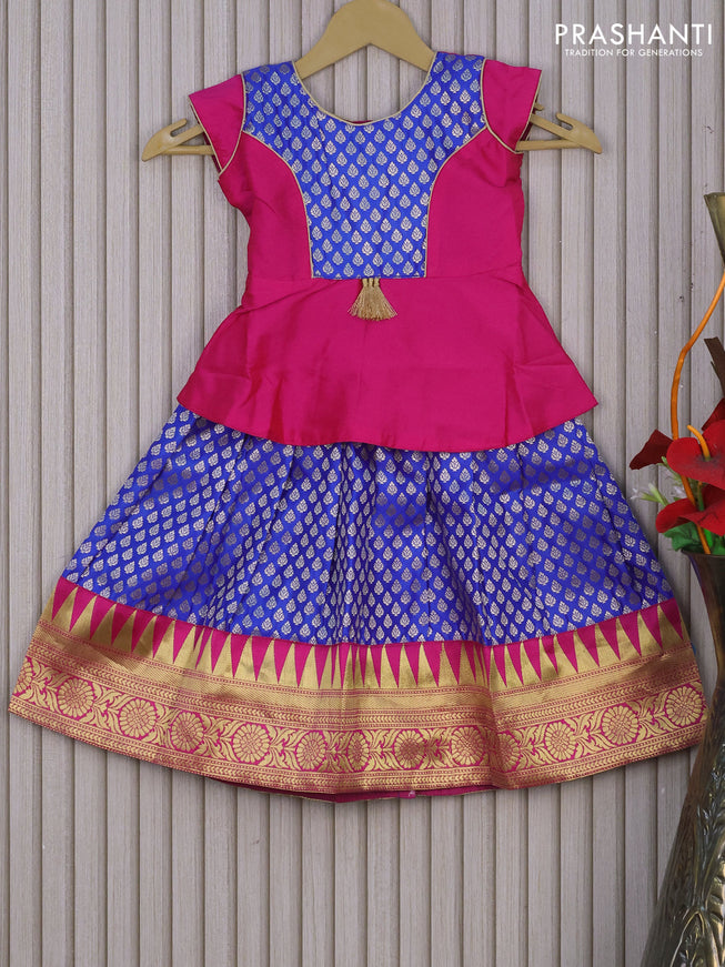 Banarasi kids lehenga pink and royal blue with patch work neck pattern and zari buttas & zari woven border