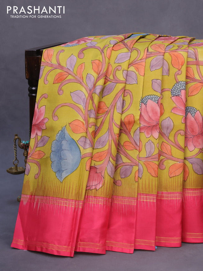 Pure kanchipuram silk saree mustard yellow and pink with allover kalamkari hand painted prints and rettapet zari woven border