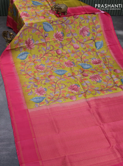 Pure kanchipuram silk saree mustard yellow and pink with allover kalamkari hand painted prints and rettapet zari woven border