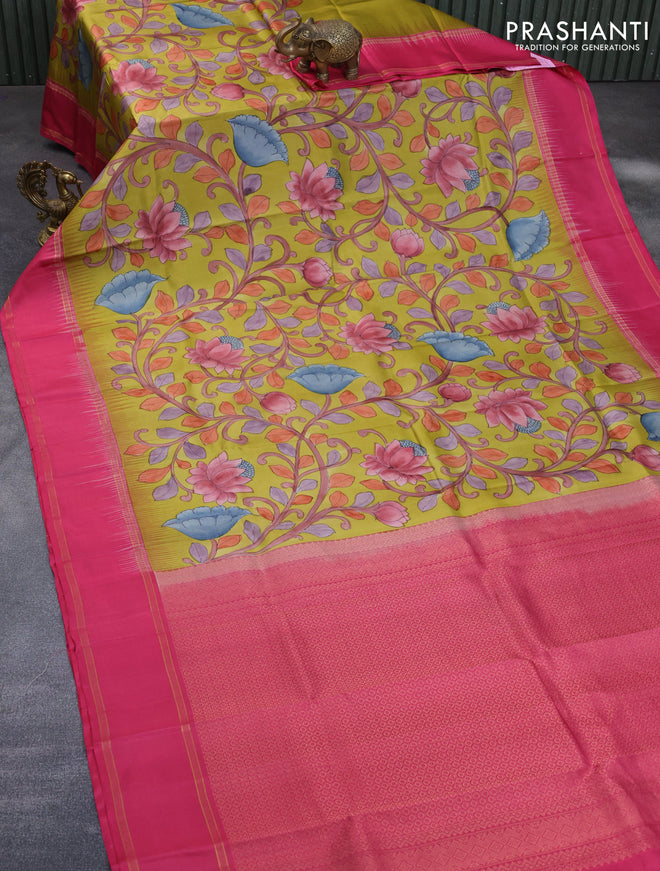 Pure kanchipuram silk saree mustard yellow and pink with allover kalamkari hand painted prints and rettapet zari woven border