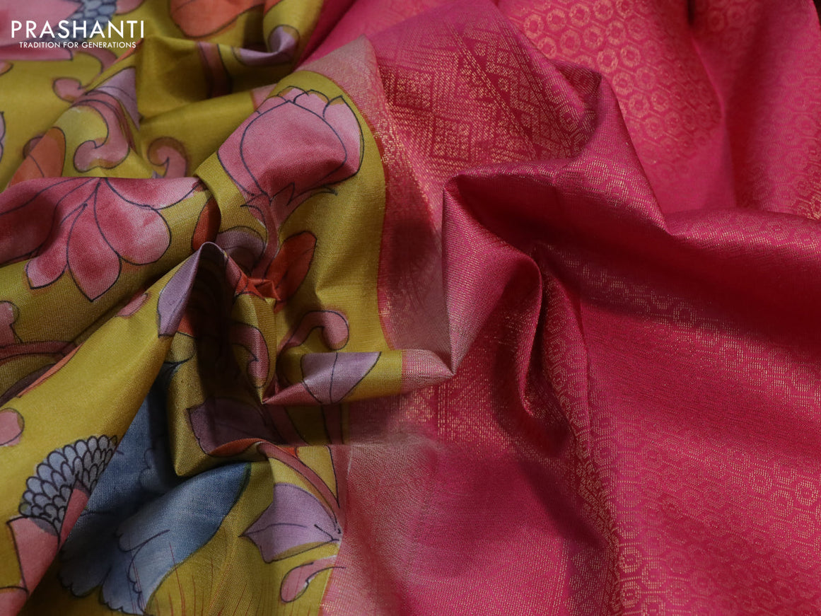 Pure kanchipuram silk saree mustard yellow and pink with allover kalamkari hand painted prints and rettapet zari woven border