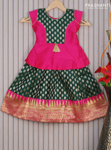 Banarasi kids lehenga pink and bottle green with patch work neck pattern and zari buttas & zari woven border