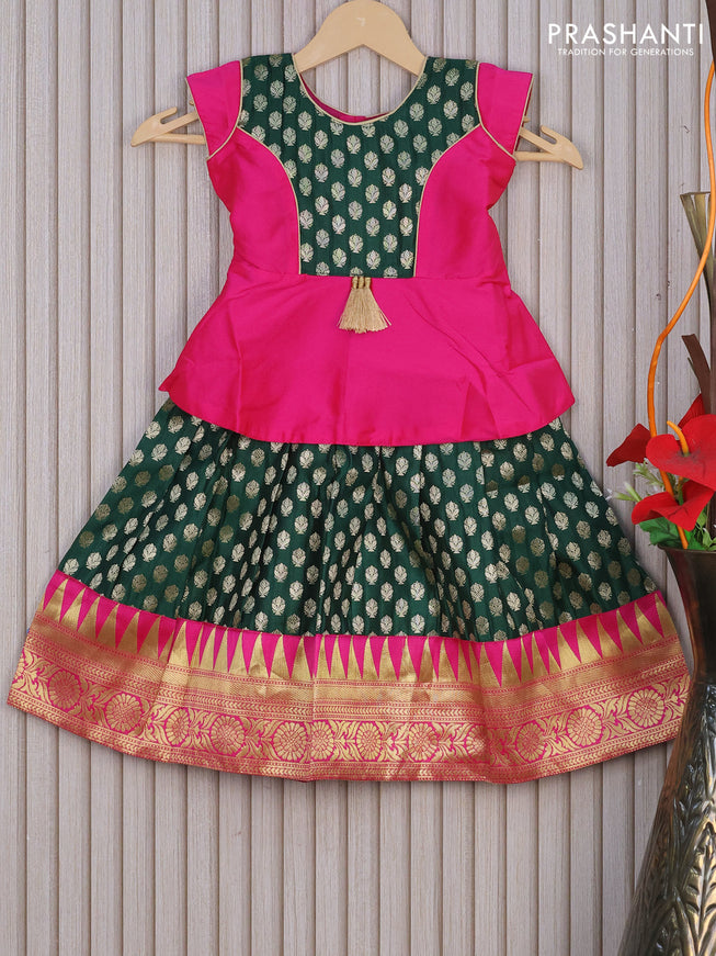 Banarasi kids lehenga pink and bottle green with patch work neck pattern and zari buttas & zari woven border