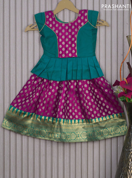 Banarasi kids lehenga peacock green and megenta pink with patch work neck pattern and zari buttas & zari woven border