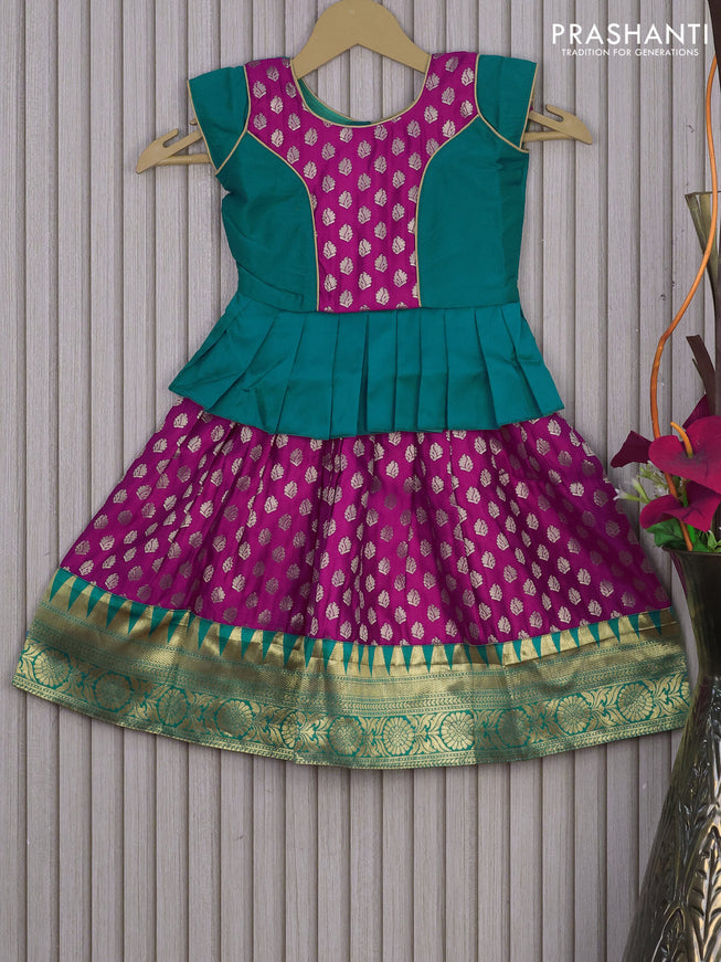 Banarasi kids lehenga peacock green and megenta pink with patch work neck pattern and zari buttas & zari woven border