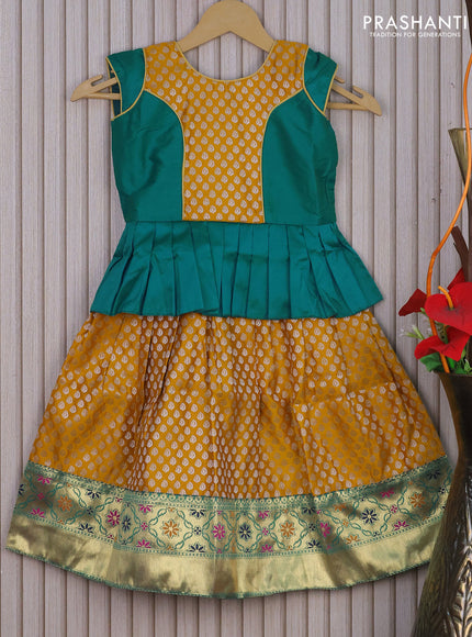 Banarasi kids lehenga green and mustard yellow with patch work neck pattern and zari buttas & zari woven border