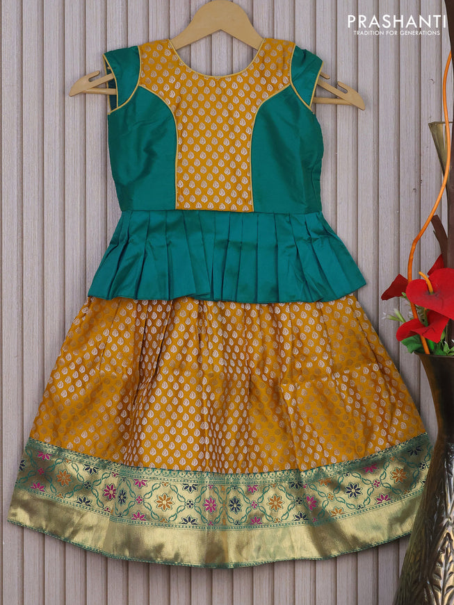 Banarasi kids lehenga green and mustard yellow with patch work neck pattern and zari buttas & zari woven border