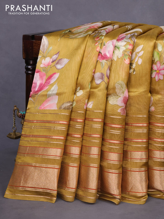 Pure dupion silk saree dark mustard with allover floral prints and long zari woven border