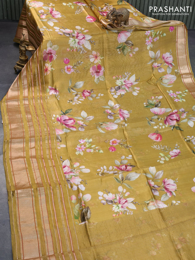 Pure dupion silk saree dark mustard with allover floral prints and long zari woven border