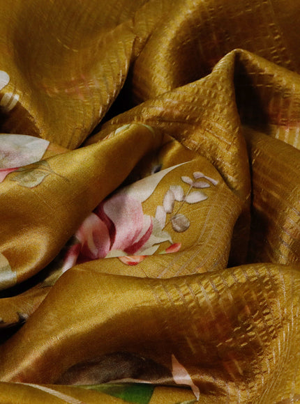 Pure dupion silk saree dark mustard with allover floral prints and long zari woven border