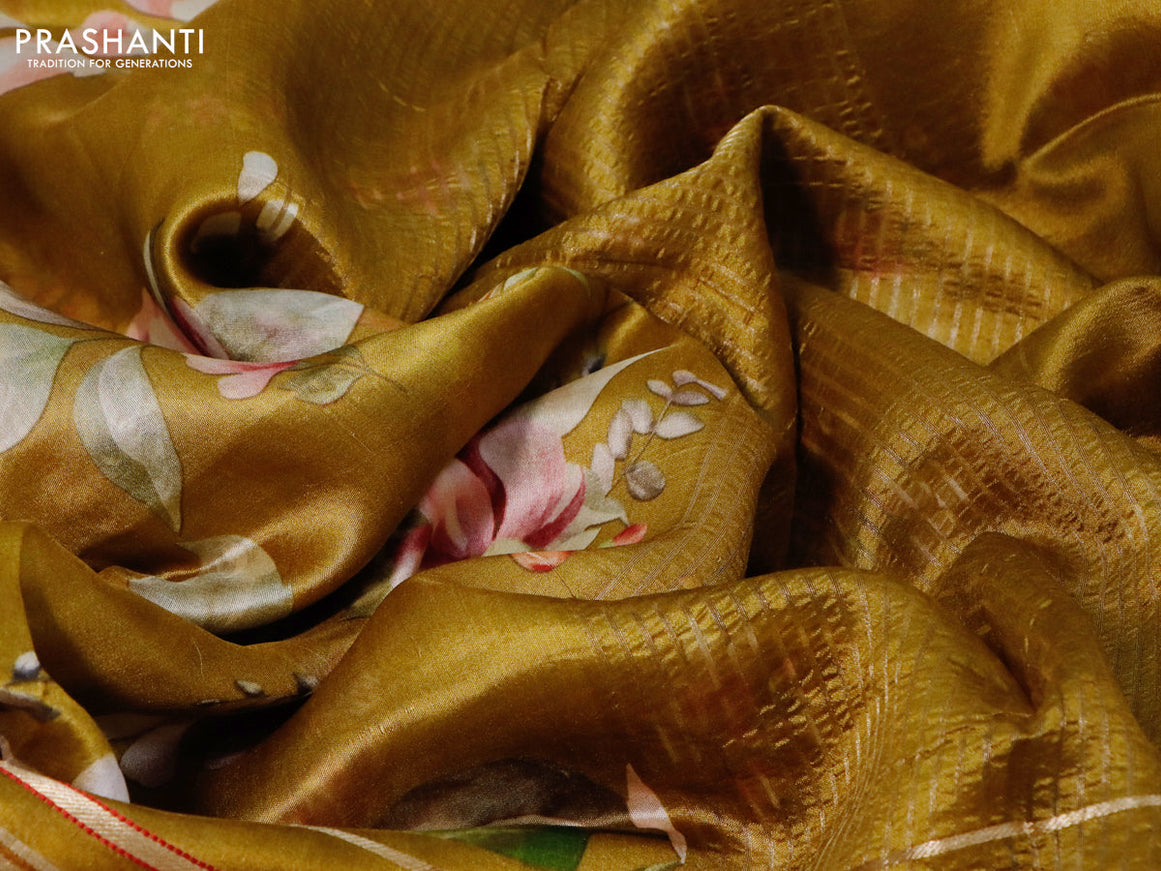 Pure dupion silk saree dark mustard with allover floral prints and long zari woven border