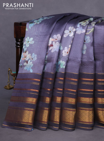 Pure dupion silk saree grey and dark grey with allover floral prints and long zari woven border