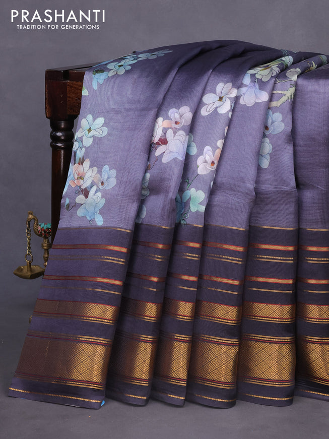 Pure dupion silk saree grey and dark grey with allover floral prints and long zari woven border