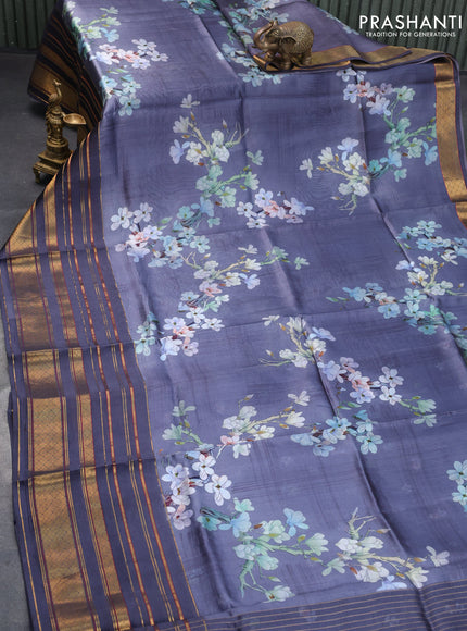 Pure dupion silk saree grey and dark grey with allover floral prints and long zari woven border