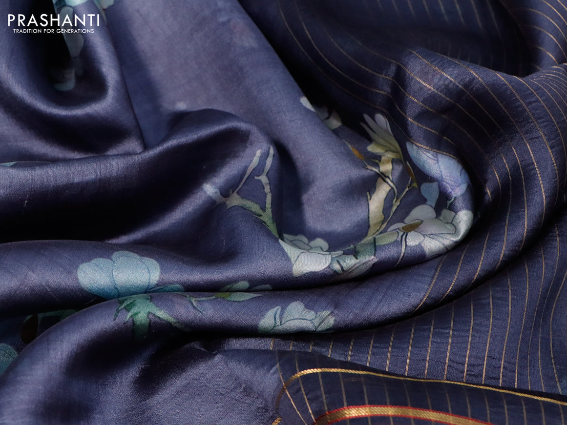 Pure dupion silk saree grey and dark grey with allover floral prints and long zari woven border