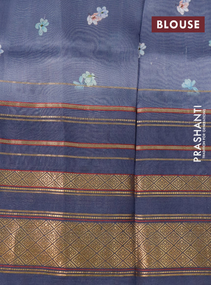 Pure dupion silk saree grey and dark grey with allover floral prints and long zari woven border