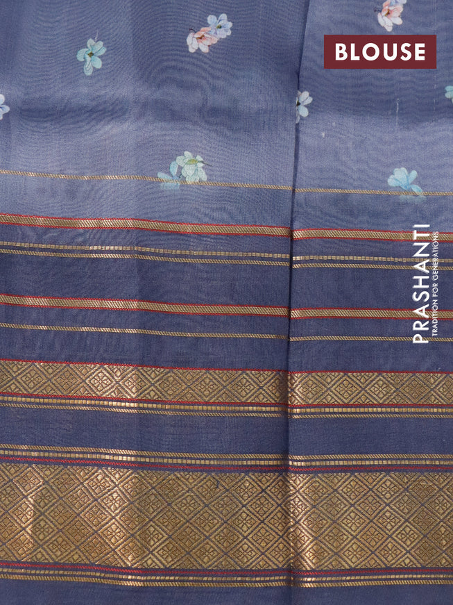 Pure dupion silk saree grey and dark grey with allover floral prints and long zari woven border