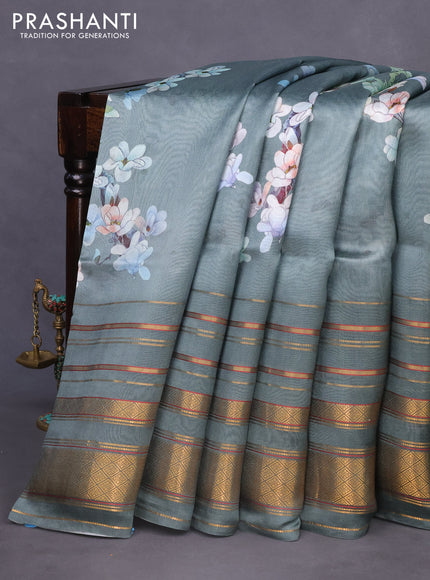 Pure dupion silk saree pastel shade with allover floral prints and long zari woven border