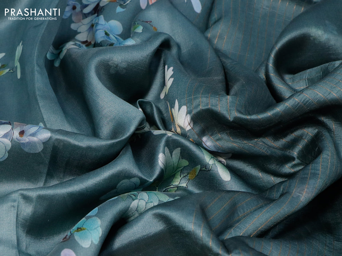 Pure dupion silk saree pastel shade with allover floral prints and long zari woven border