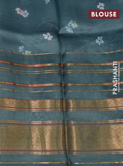 Pure dupion silk saree pastel shade with allover floral prints and long zari woven border