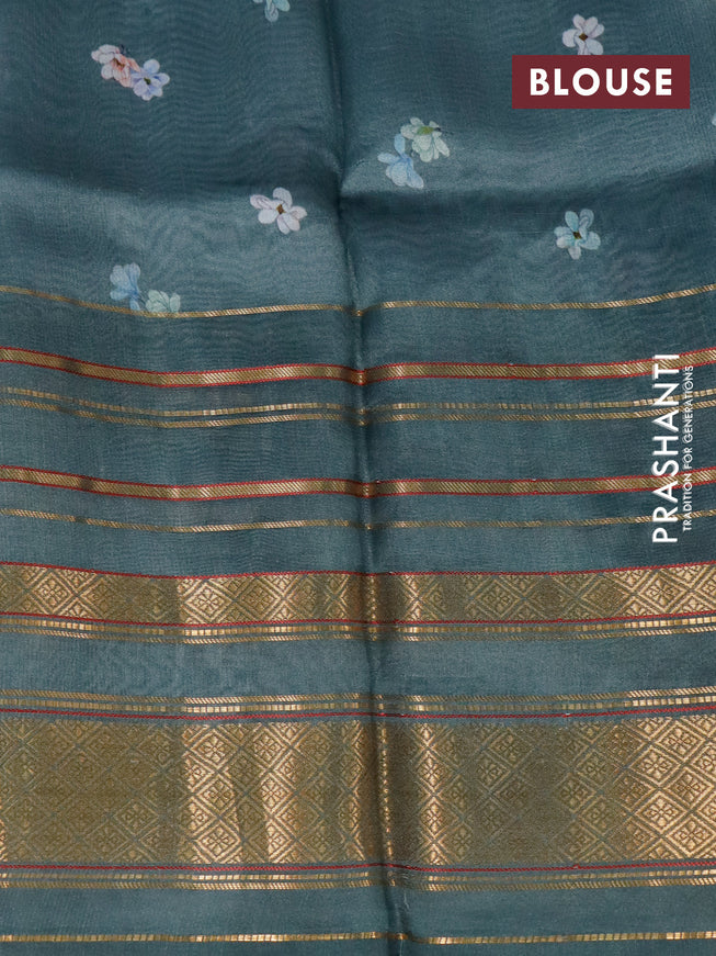 Pure dupion silk saree pastel shade with allover floral prints and long zari woven border