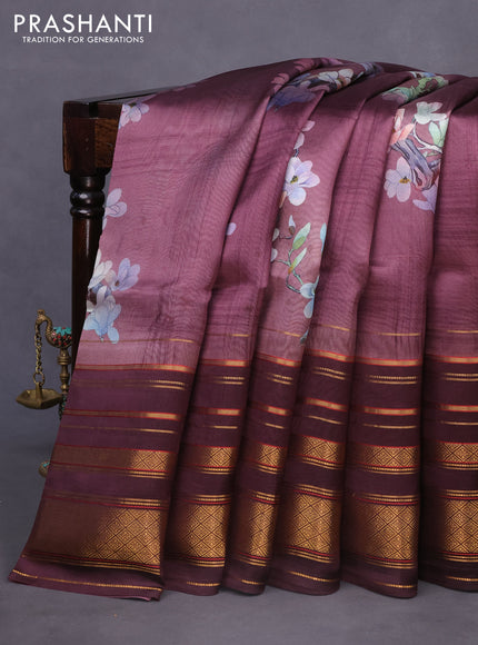 Pure dupion silk saree wine shade with allover floral prints and long zari woven border