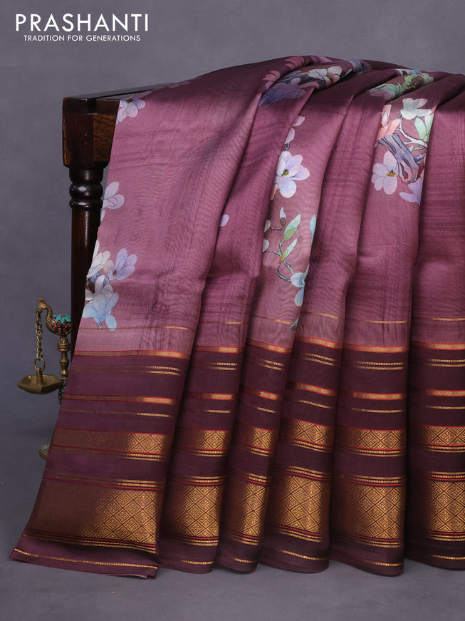 Pure dupion silk saree wine shade with allover floral prints and long zari woven border