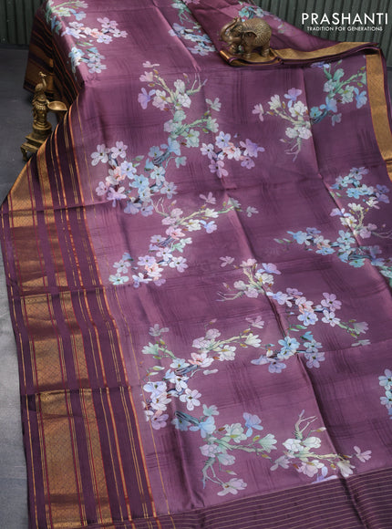 Pure dupion silk saree wine shade with allover floral prints and long zari woven border