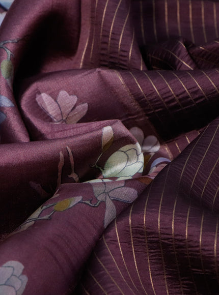 Pure dupion silk saree wine shade with allover floral prints and long zari woven border