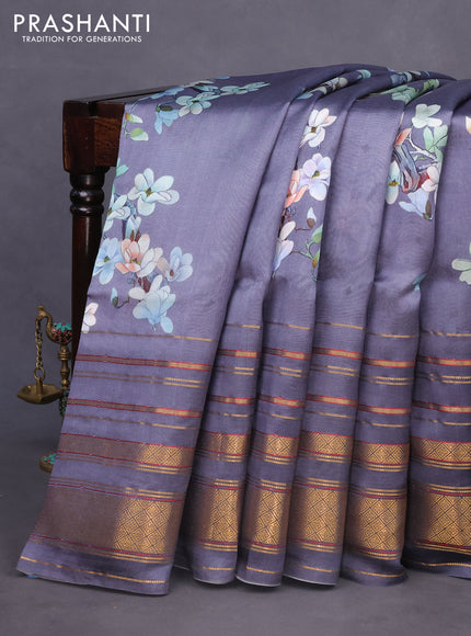 Pure dupion silk saree grey with allover floral prints and long zari woven border