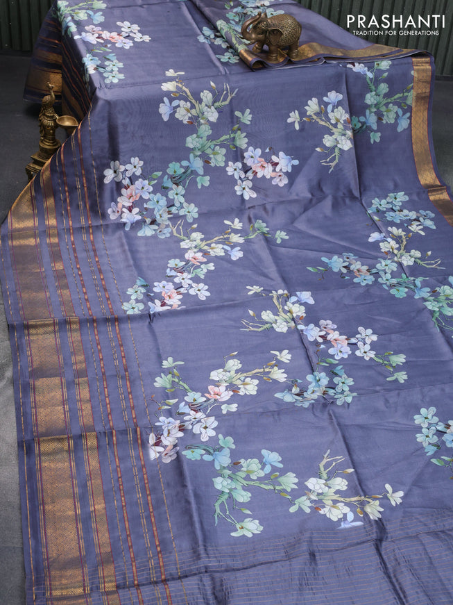 Pure dupion silk saree grey with allover floral prints and long zari woven border