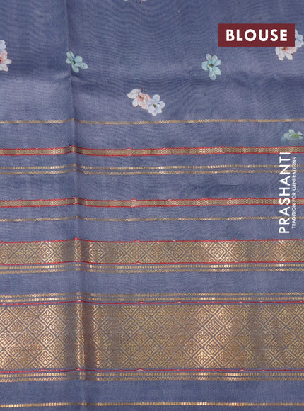 Pure dupion silk saree grey with allover floral prints and long zari woven border