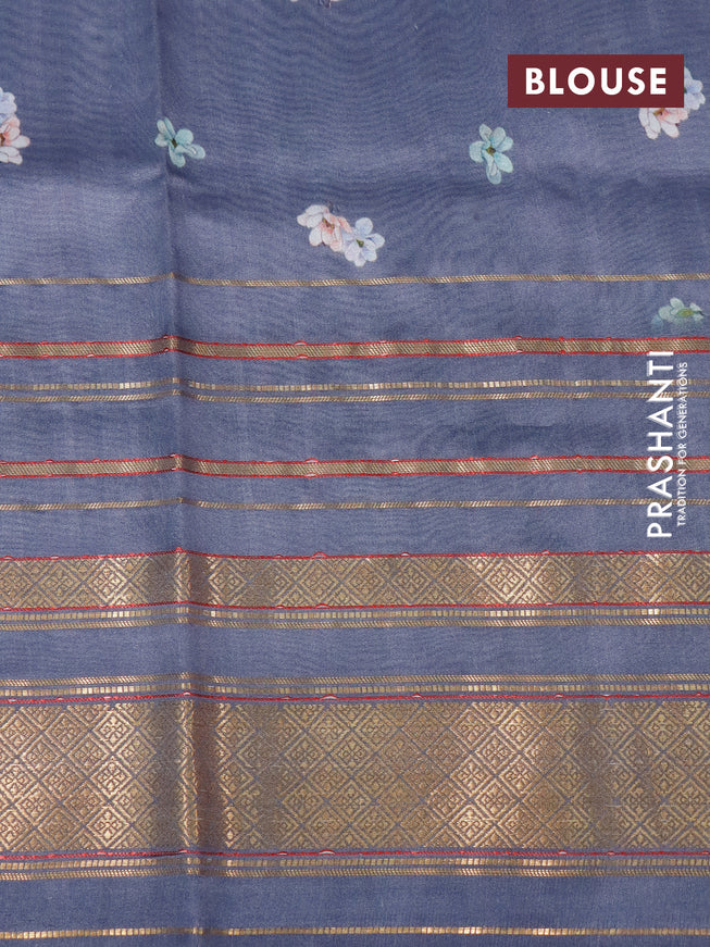 Pure dupion silk saree grey with allover floral prints and long zari woven border