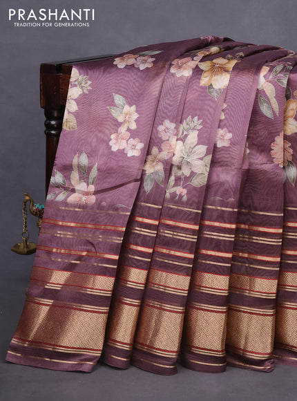 Pure dupion silk saree pastel purple with allover floral prints and long zari woven border