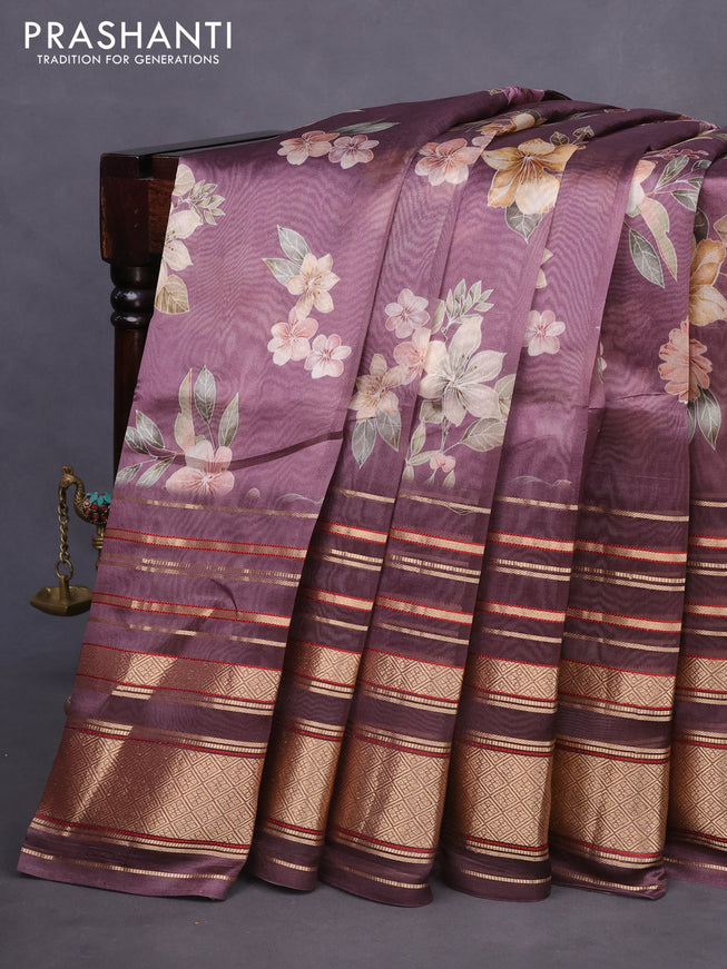 Pure dupion silk saree pastel purple with allover floral prints and long zari woven border