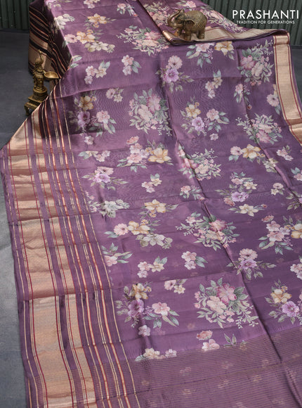 Pure dupion silk saree pastel purple with allover floral prints and long zari woven border