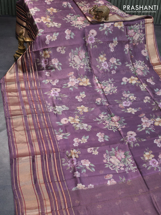 Pure dupion silk saree pastel purple with allover floral prints and long zari woven border